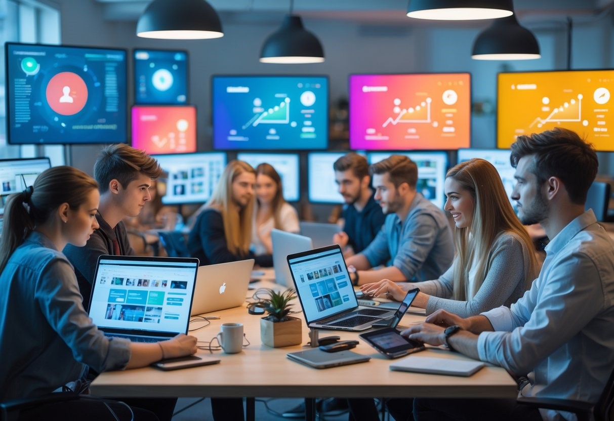 An AI generated image of a whole bunch of people working in an office with screens represented stats and data and graphs.