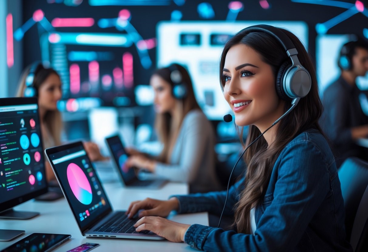 Beautiful AI women working at her desk on the computer with her headset on reviewing stats and graphs.