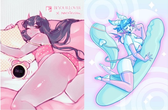 Sexy fictionalized cartoon hentai porn characters sitting on and riding and flying a vibrator with their horns on.