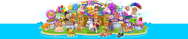MyGaySites Island MyGaySites footer banner of them on an island with all their fictional characters with the main mascot on a unicorn at the front.