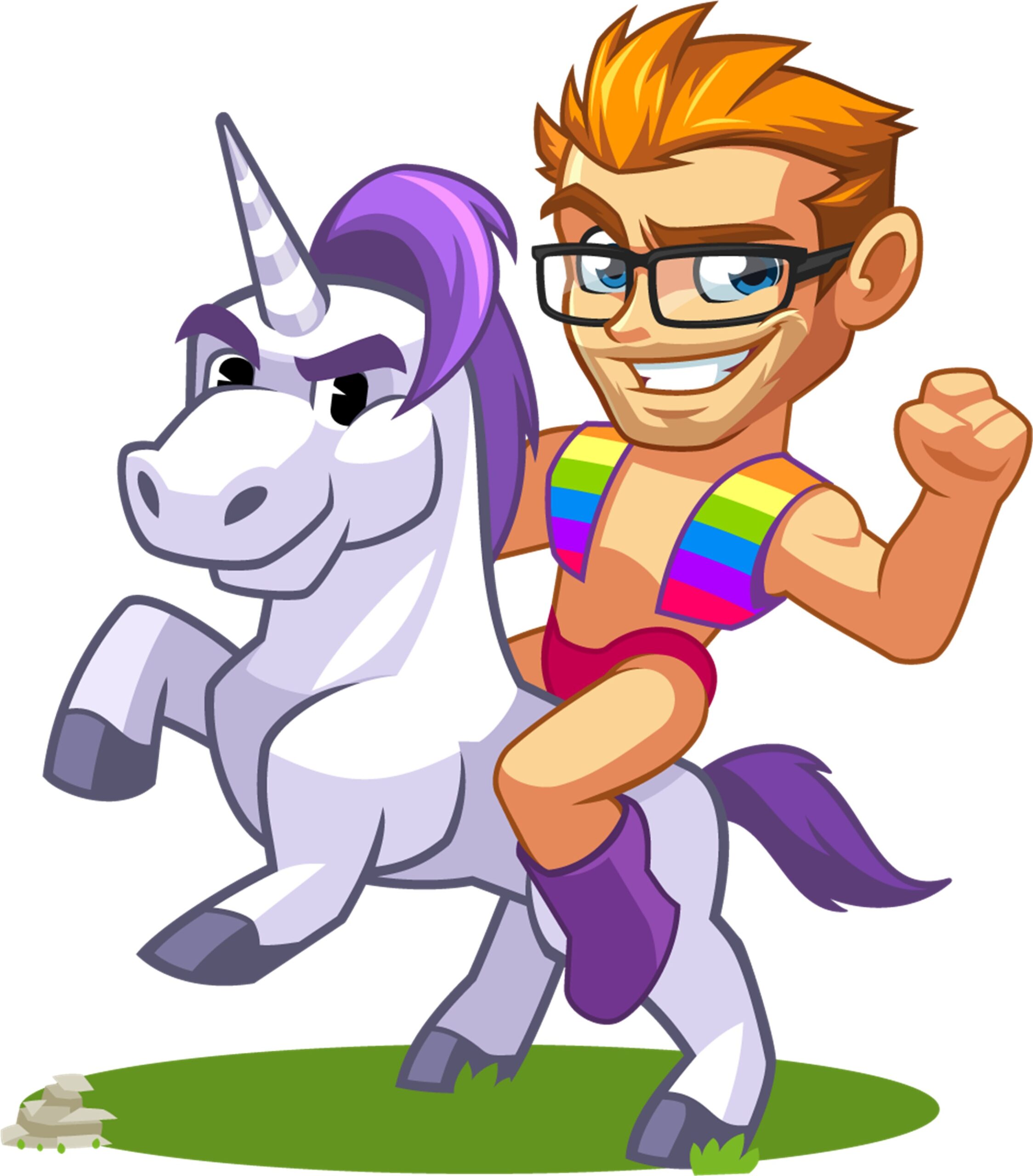 MyGaySites Mascot Picture MyGaySites mascot in his pink undies and rainbow jacket riding a unicorn while he's fist pumping.